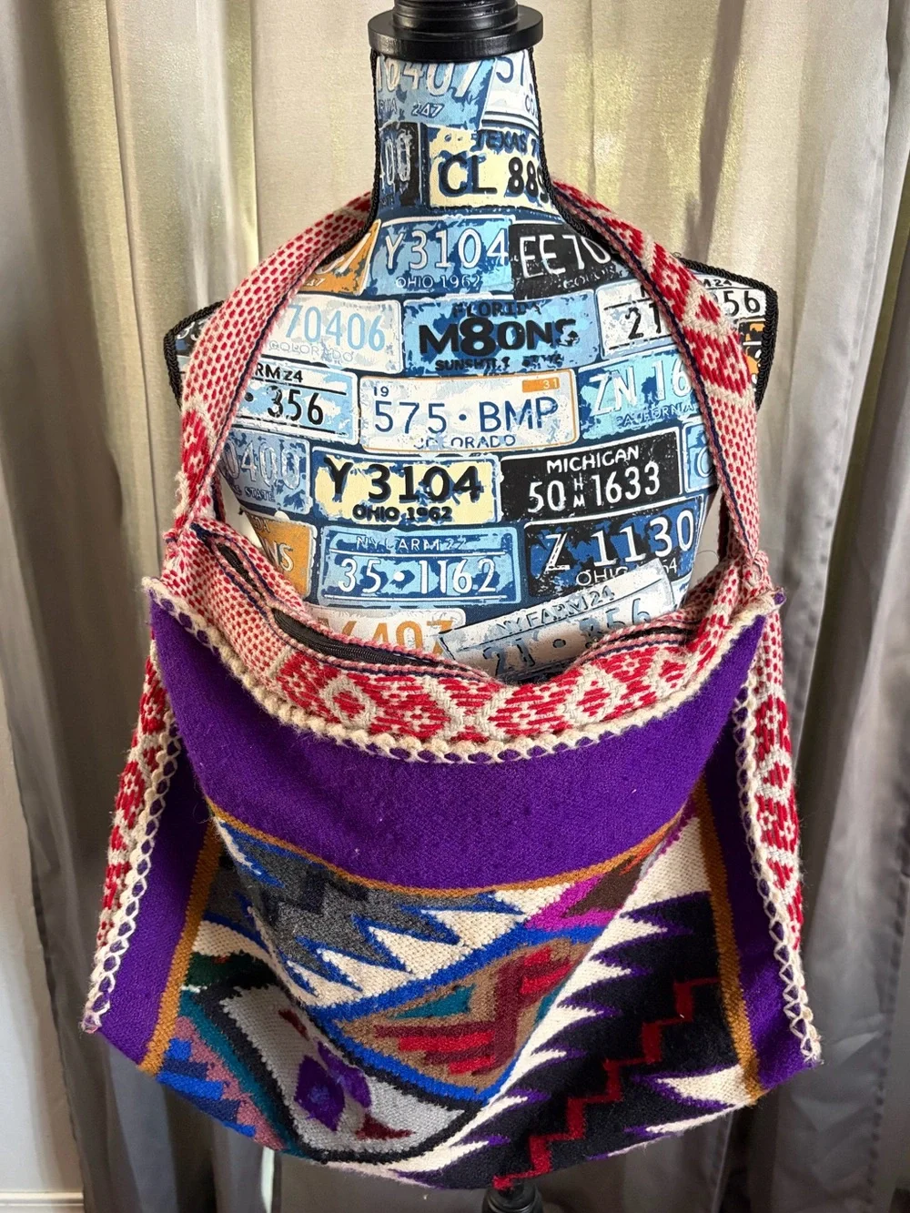 Handwoven Purple Aztec Tote Bag with Red Accent Strap